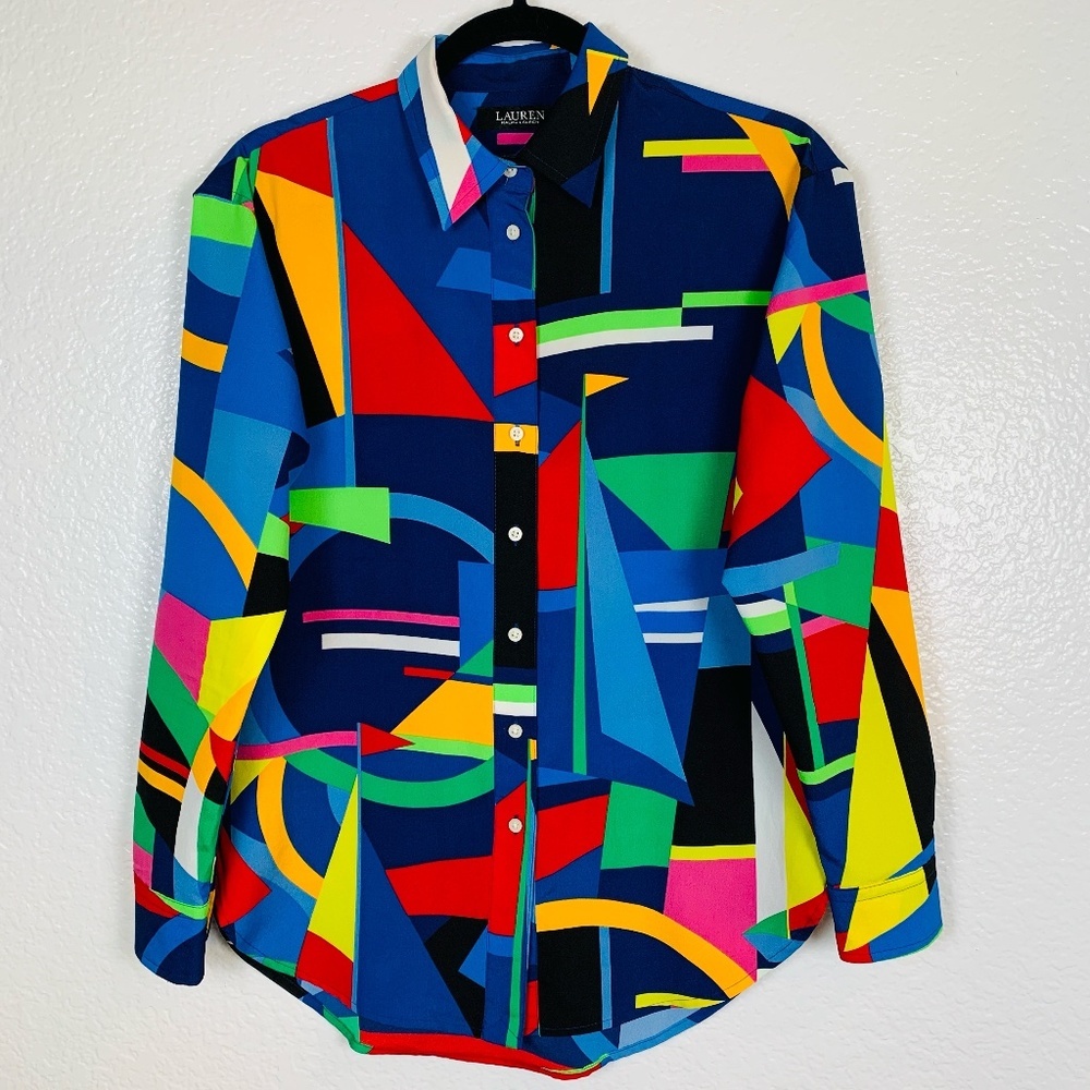 Lauren Ralph Lauren Black Label Women Shirt Size XS ButtonTop Geometric Nautical